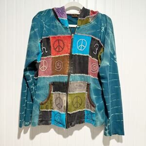 Rising International Boho Patchwork Zip Up Sweatshirt Peace Signs Size XXL